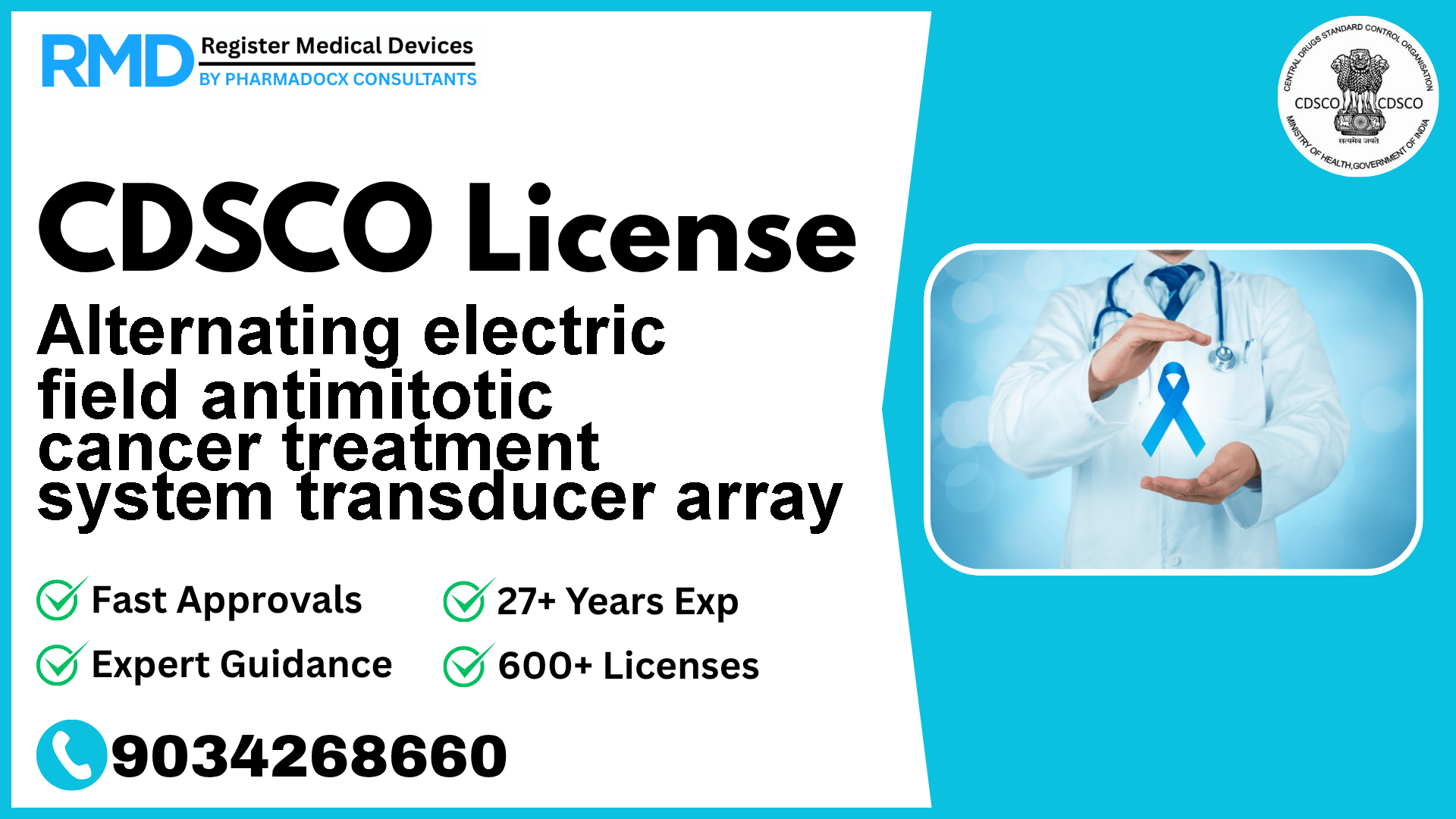 CDSCO License for Alternating electric field antimitotic cancer treatment system transducer array