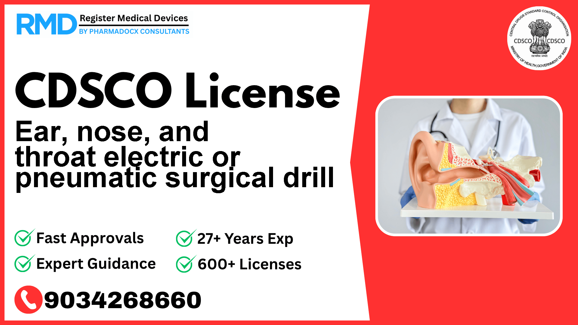 CDSCO License for Ear, nose, and throat electric or pneumatic surgical drill