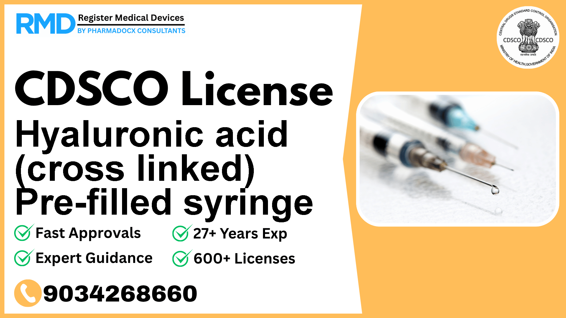 CDSCO License for Hyaluronic acid (cross linked) Pre-filled syringe
