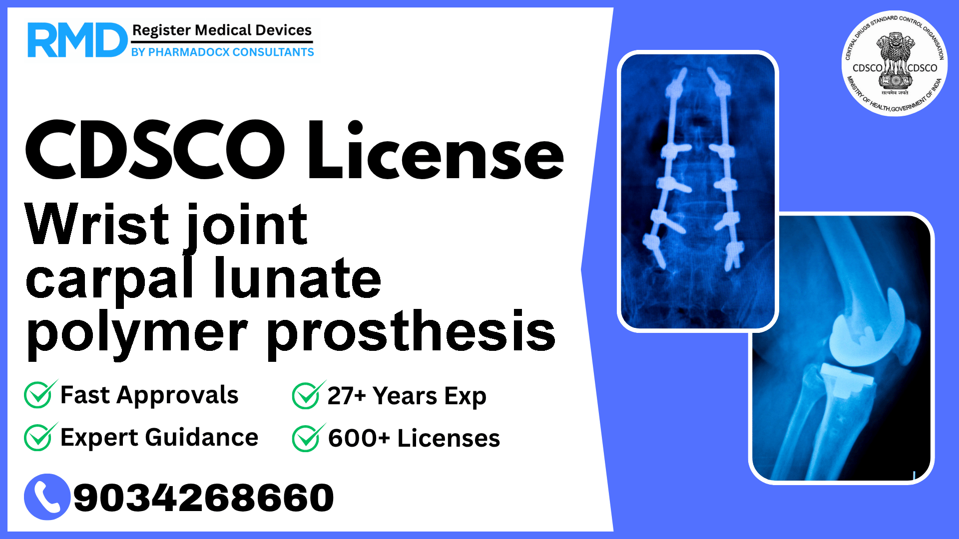 CDSCO License for Wrist joint carpal lunate polymer prosthesis